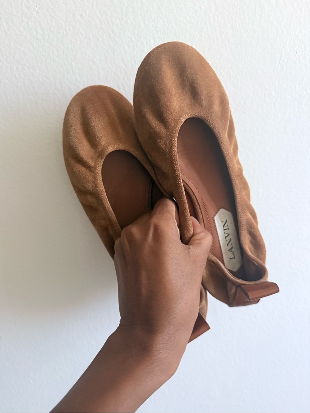 Lanvin Cognac Suede Elastic-Top Ballet Flats